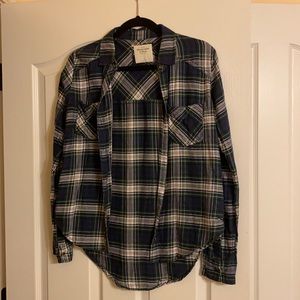 Navy and green plaid flannel